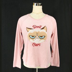 Grumpy Cat Don't Care Cat Face Pink Soft Velour Pajama Top Sleepwear - M